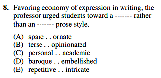 Favoring economy of expression in writing, the professor urged students toward a --- rather than a --- prose style.