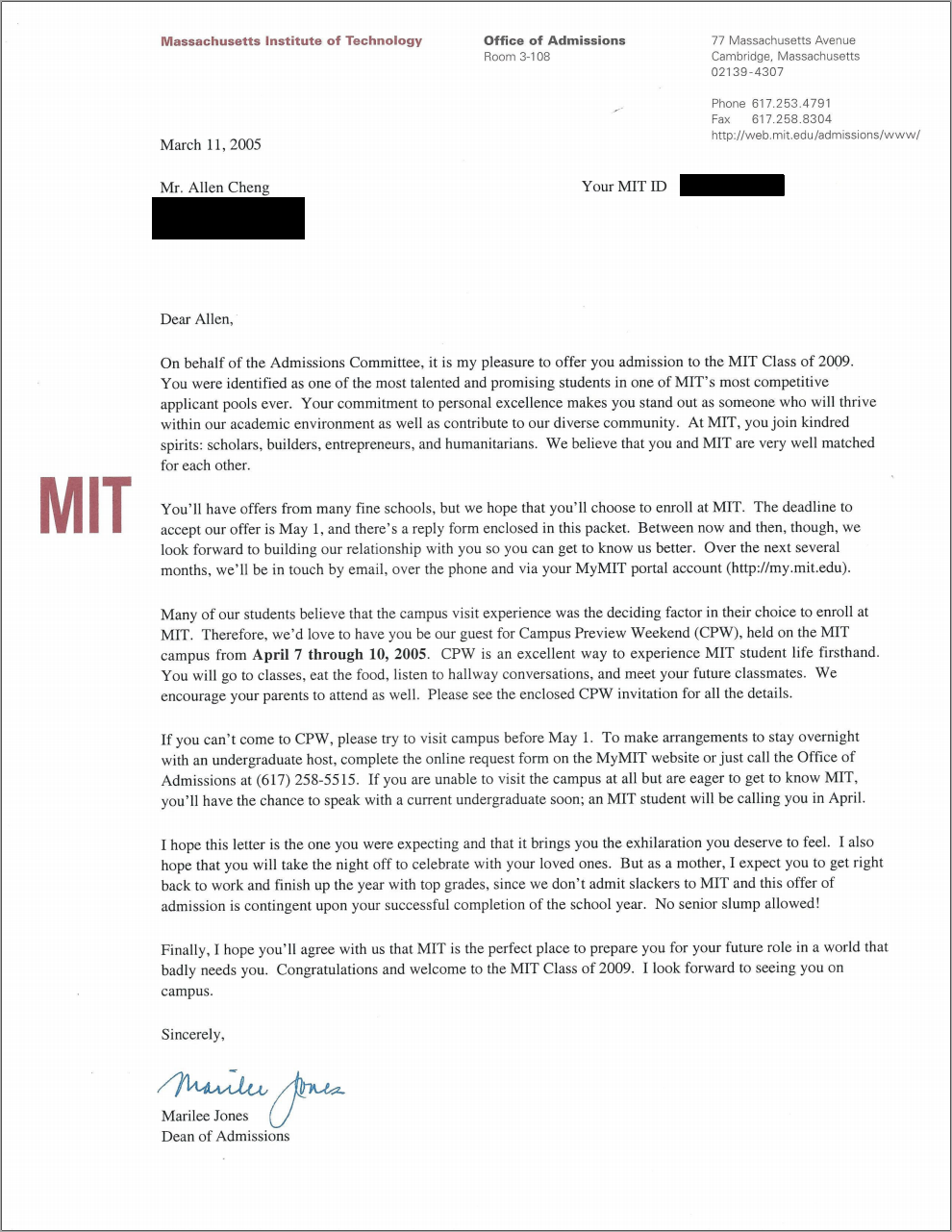 MIT Acceptance Letter Real and Official
