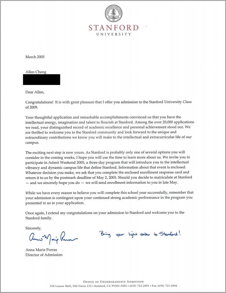Stanford Acceptance Letter Real and Official