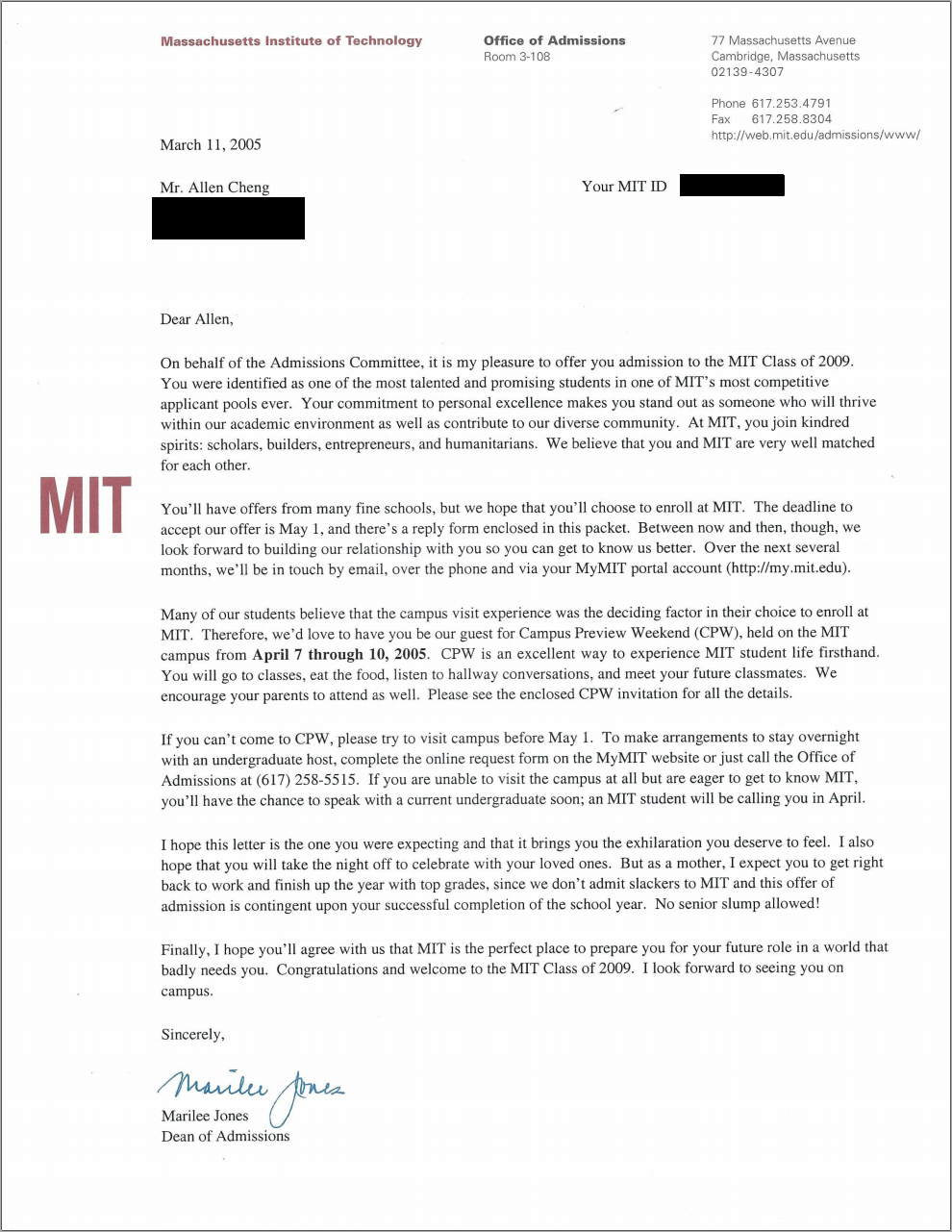 MIT Acceptance Letter: Real and Official